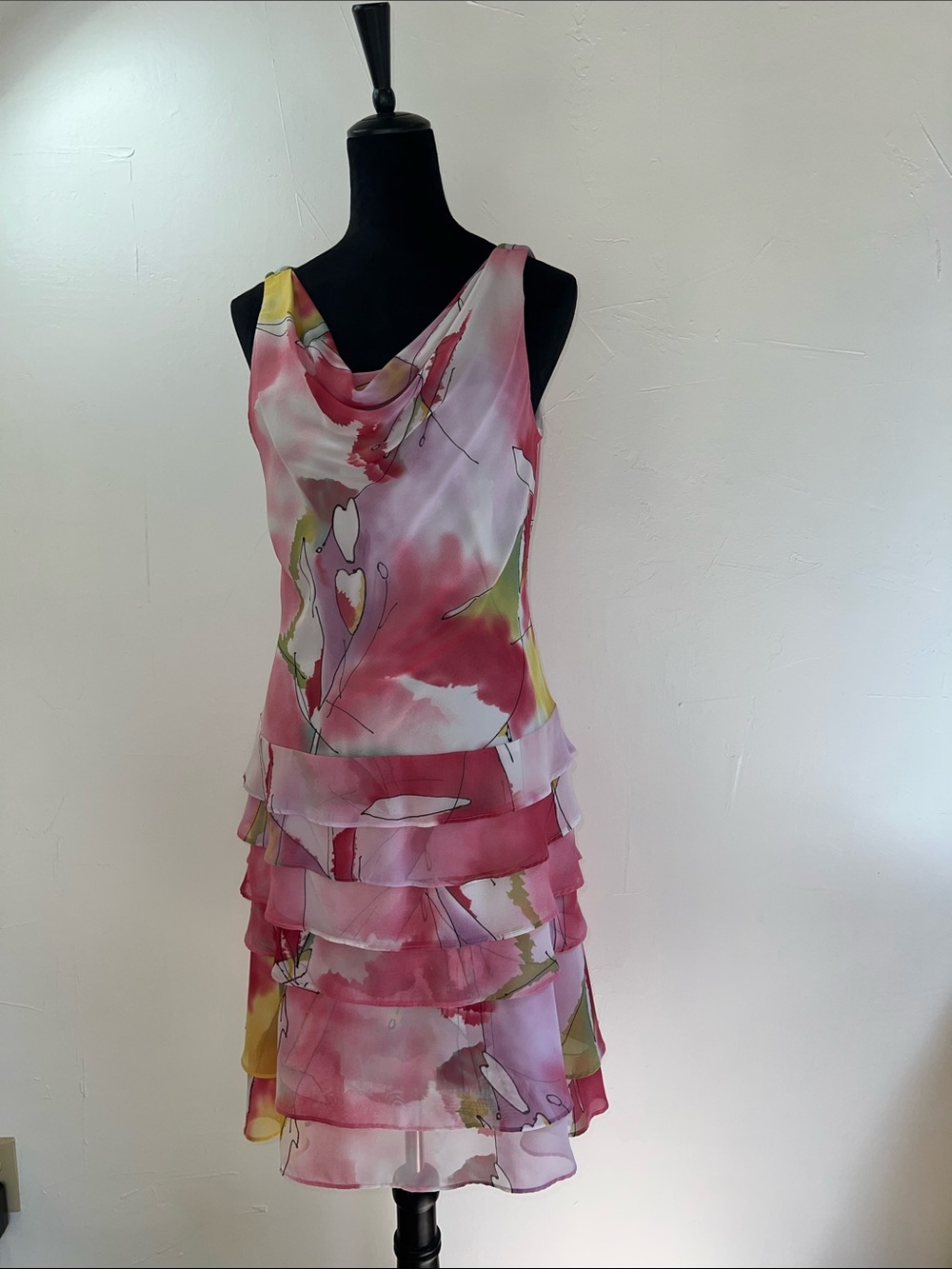 Joseph Ribkoff Pink Floral Tiered Chiffon Cowl Neck Dress 90s fairy whimsical - Picture 2 of 13